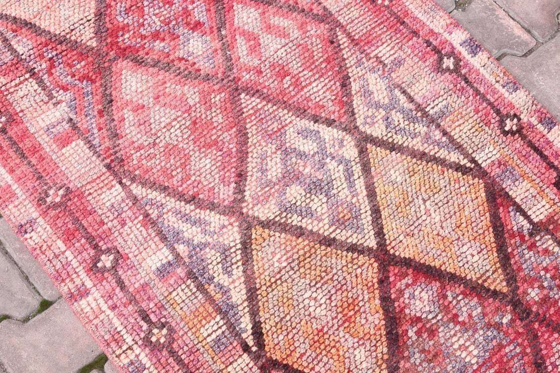 80x367 Cm Hallway Turkish Runner, Herki, Vintage Runner, Wool, Handmade, Oushak Bohemian, Long Runner, Geometric, Pink, Shabby Chic Rugs photo vinterior