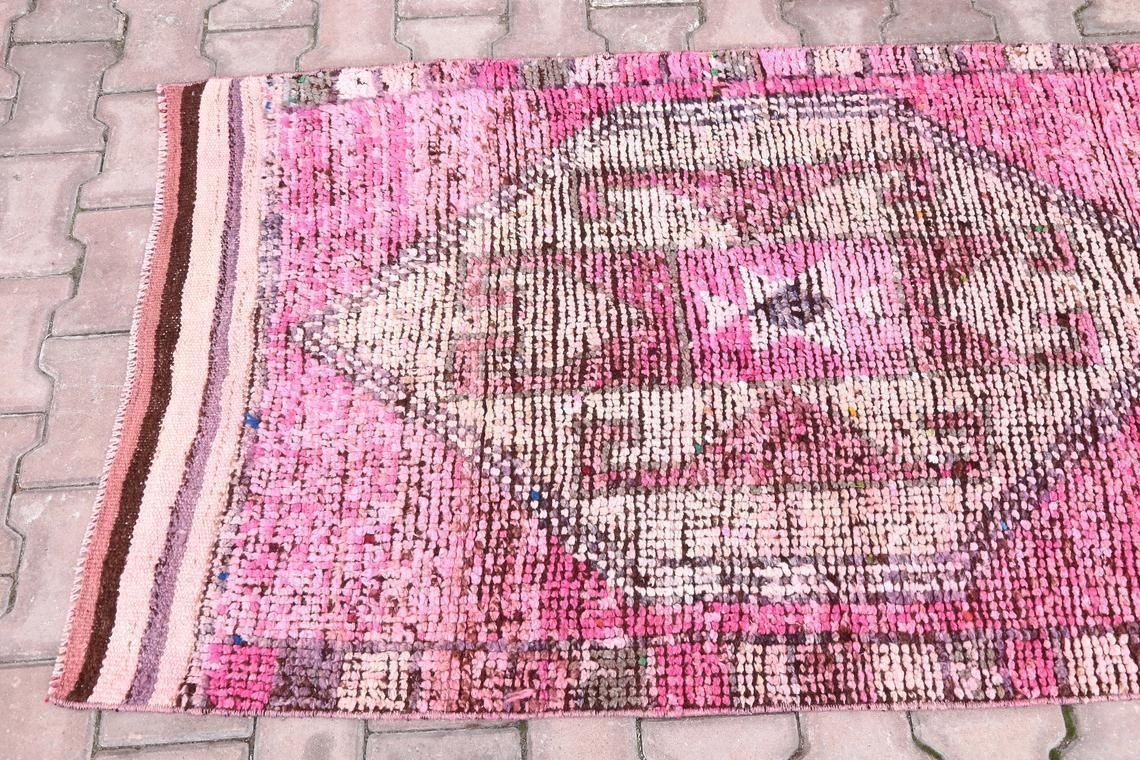 91x320 Cm Turkish Oushak Vintage Runner, Wool Runner, Handmade, Runner Rug, Turkish Rug, Hallway Runner, Home Decor, Pink Shabby Chic Modern photo vintage