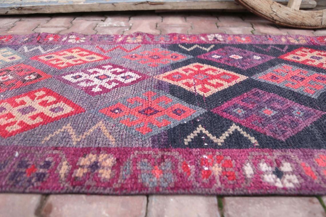 77x285 Cm Hot Pink Runner Rug, Purple Tones, Handmade Wool Geometric Long Rug, Turkish Vintage Rug, Hallway Runner, Corridor Rug, Shabby Chic photo buy