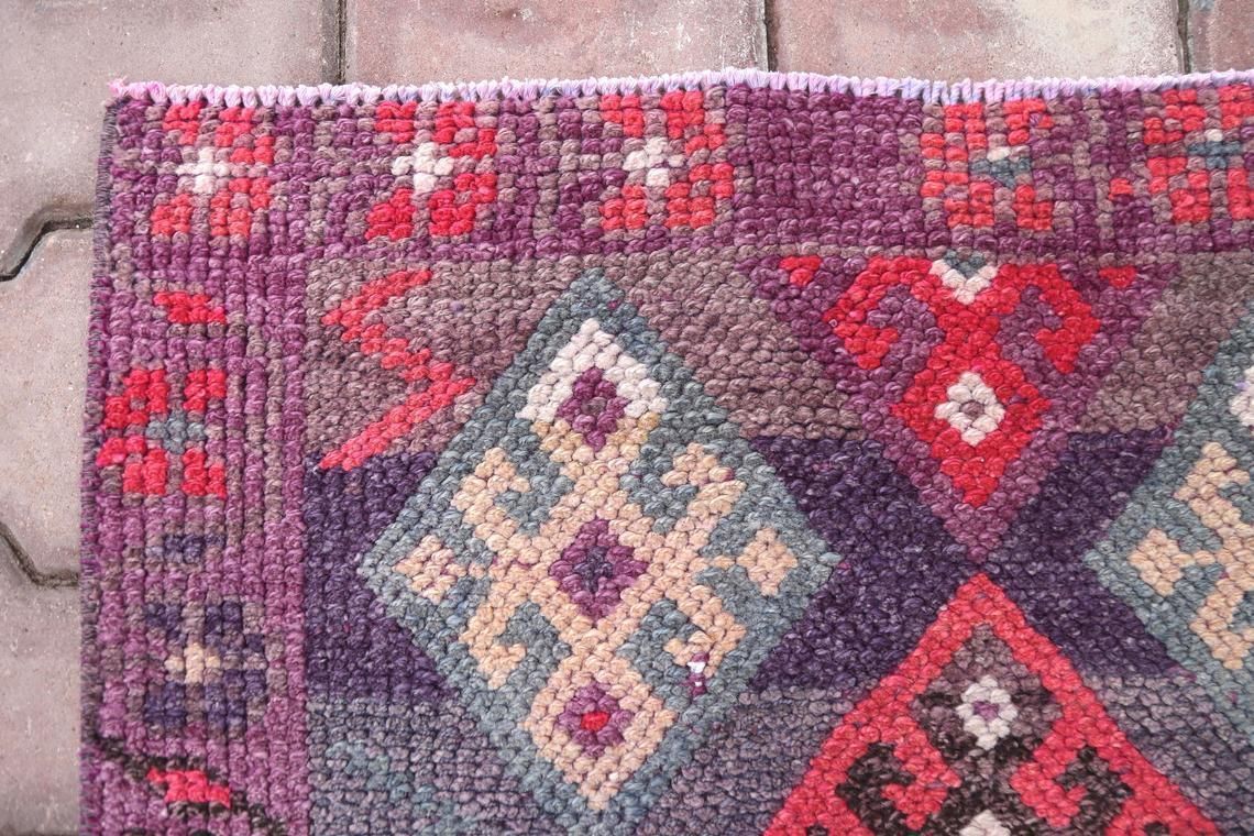77x285 Cm Hot Pink Runner Rug, Purple Tones, Handmade Wool Geometric Long Rug, Turkish Vintage Rug, Hallway Runner, Corridor Rug, Shabby Chic photo vintage