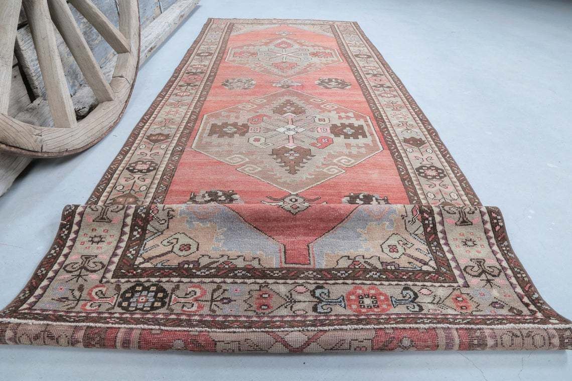 photo furniture 106x336 Cm Turkish Runner Rug, Vintage Runner Rug, Turkish Oushak Rug, Home Decor, Rugs, Rug Runner Long, Carpet, Faded Coral Red Luxurious