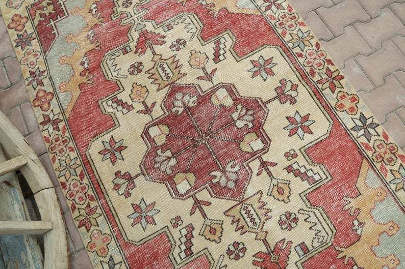 Entryway Small Runner, Turkish Floral, Vintage Area Rug Wool, Handmade, Oushak Bohemian Runner, Long Runner photo buy
