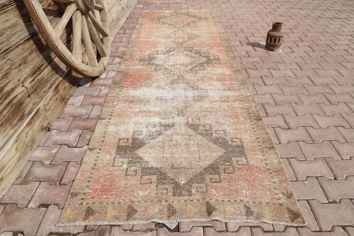 109x353 Cm Runner Rug, Turkish Runner, Turkish Rug, Rugs Runner, Orange, Beige, Turkish Runner Rug, Wool Rug, Vintage Rug, Bohemian Runner