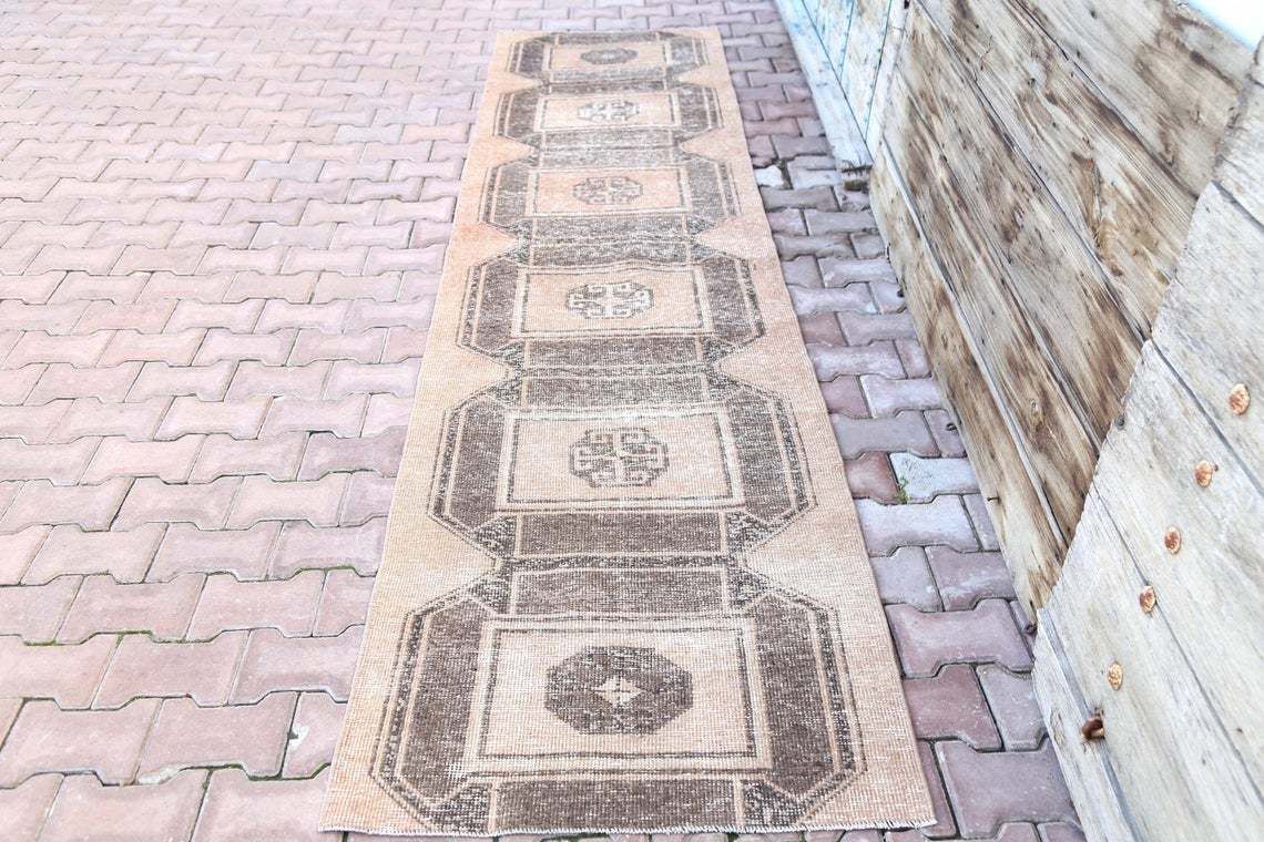 82x360 Cm Turkish Runner Rugs, Turkey Vintage Rug, Oushak Runner, Rugs Runner, Rugs Turkish, Rugs Runner, Geometric Design, Faded Orange