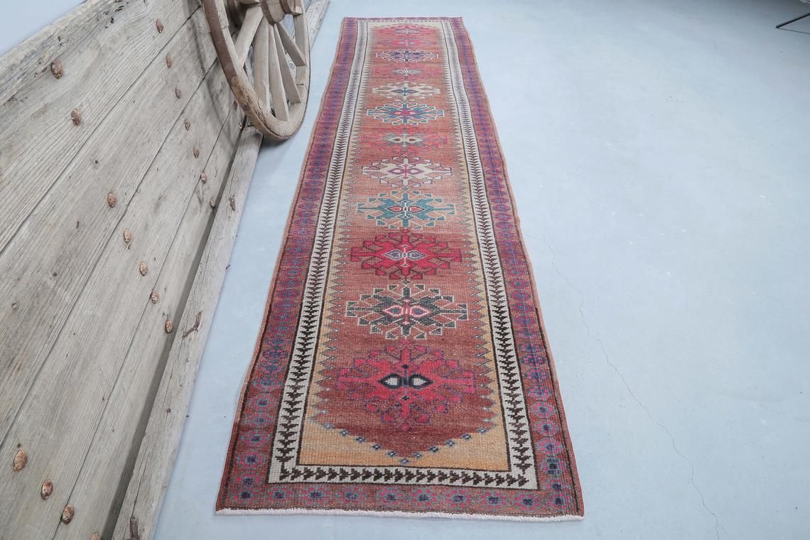 88x370 Cm Vintage Runner, Turkish Runner, Red Orange Beige Pink Vintage Hallway Runner, Wool Herki Rugs, Bohemian Faded Mid Century Modern