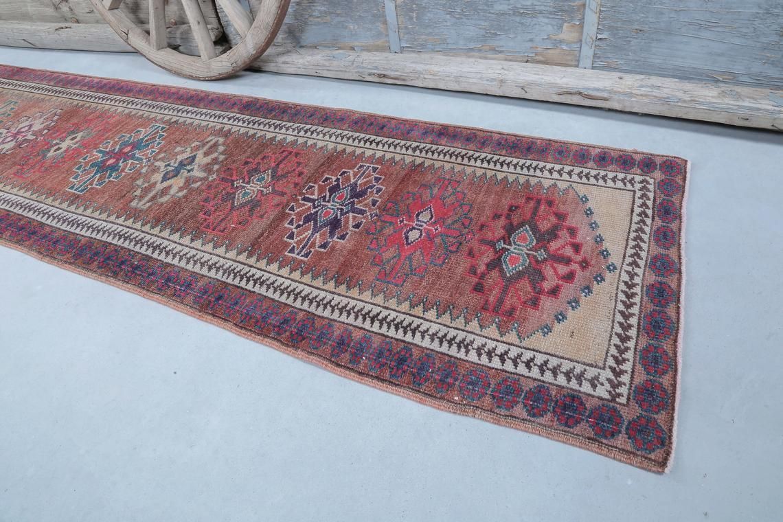 88x370 Cm Vintage Runner, Turkish Runner, Red Orange Beige Pink Vintage Hallway Runner, Wool Herki Rugs, Bohemian Faded Mid Century Modern photo 412.0