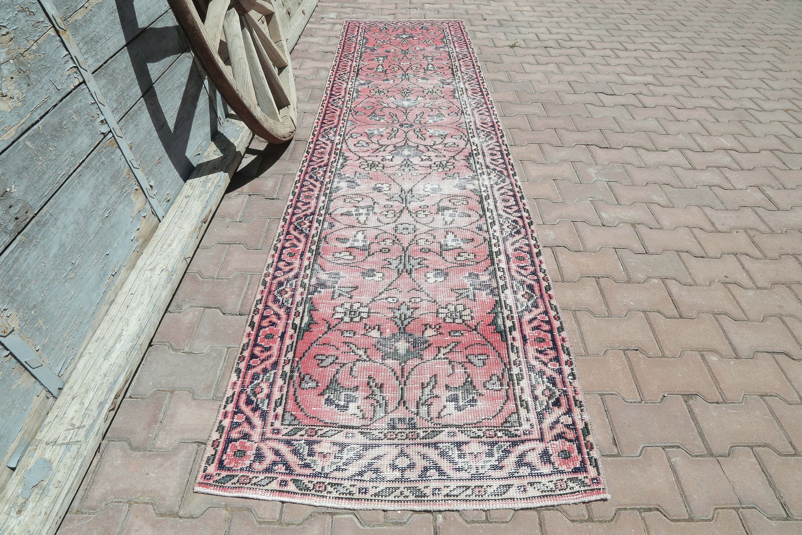 82x334 Cm Turkish Pink Hallway Runner, Handmade Wool Runner, Home Decor, Faded Distressed Pink Carpet, Vintage Runner, Authentic Floral Carpet