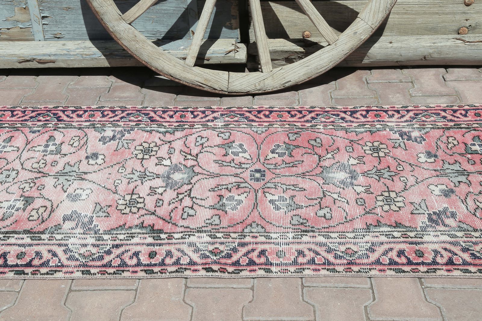 82x334 Cm Turkish Pink Hallway Runner, Handmade Wool Runner, Home Decor, Faded Distressed Pink Carpet, Vintage Runner, Authentic Floral Carpet photo for sale