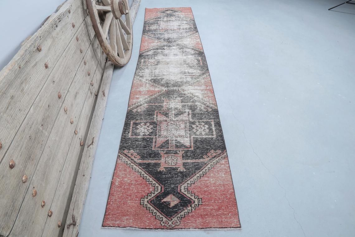 80x393 Cm Faded Red Turkish Runner Rug, Vintage Runners, Oushak Rugs, Perfect Boho Chic Luxury, Bohemian Wool Rug, Carpet, Teppich Geometric