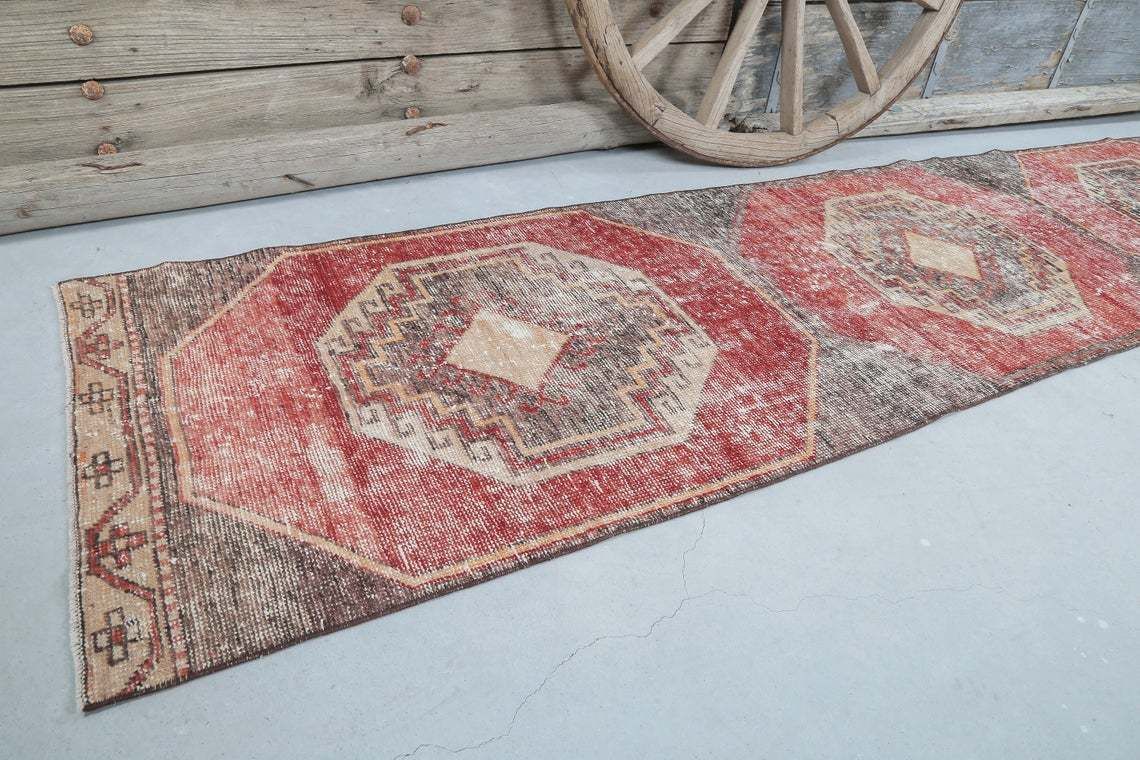 82x349 Cm Pastel Geometric Runner, Turkish Faded Red Oushak Runner Rug, Hallway Vintage Runner Handmade Runners, Kitchen Geometric Rugs photo for sale