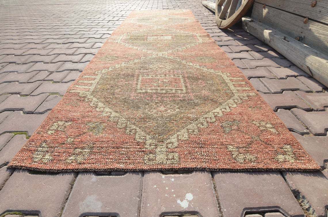 94x313 Cm Red Runner Rug, Geometric Faded Red Vintage Runner Rug, Handmade Rug, Oushak Rug, Faded Brown Diamond Wool Muted Rug, Luxury Rugs photo furniture