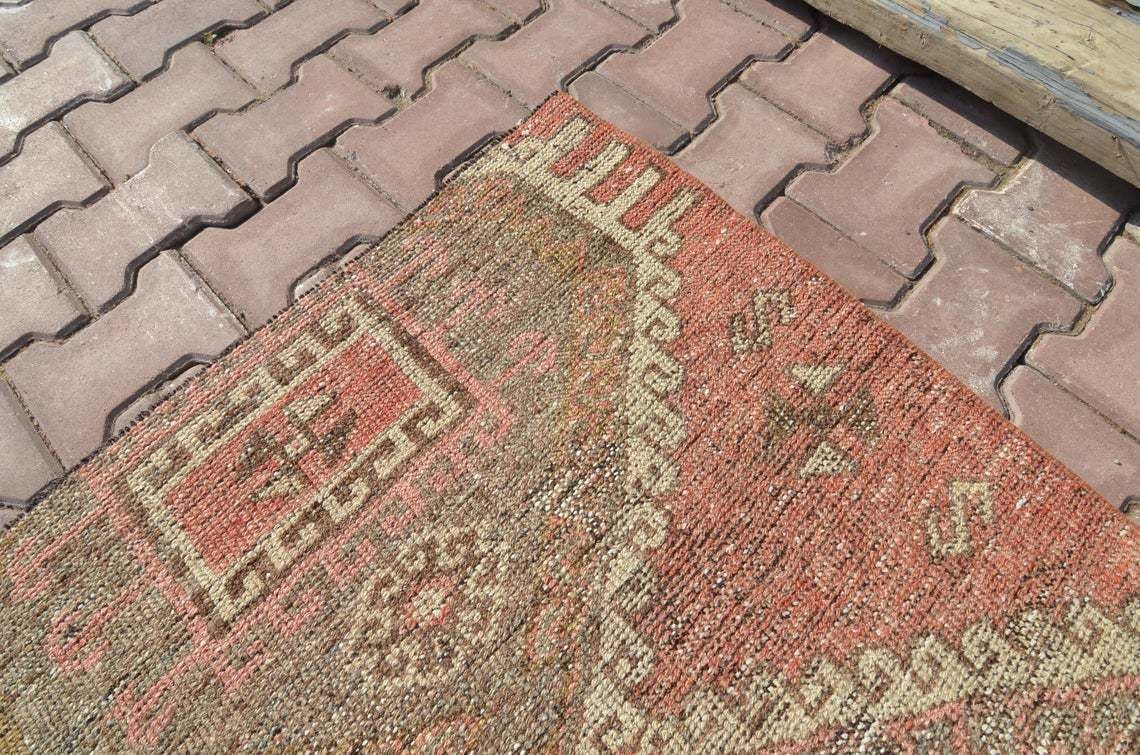 94x313 Cm Red Runner Rug, Geometric Faded Red Vintage Runner Rug, Handmade Rug, Oushak Rug, Faded Brown Diamond Wool Muted Rug, Luxury Rugs photo 306.0