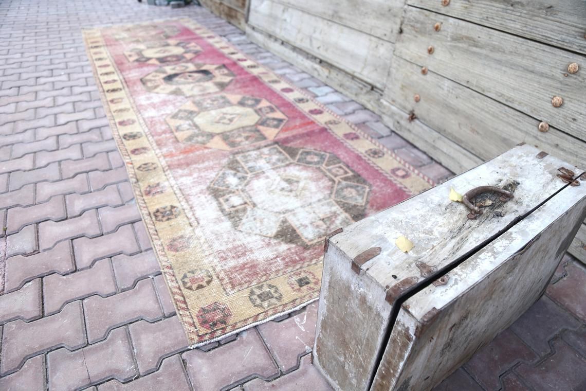 110x381 Cm Lavender, Turkish Runner Rug, Turkish Rug, Vintage Oushak Rug, Runner Rug, Home Decor, Carpet, Rug Runner, Bohemian Rug Purple photo for sale