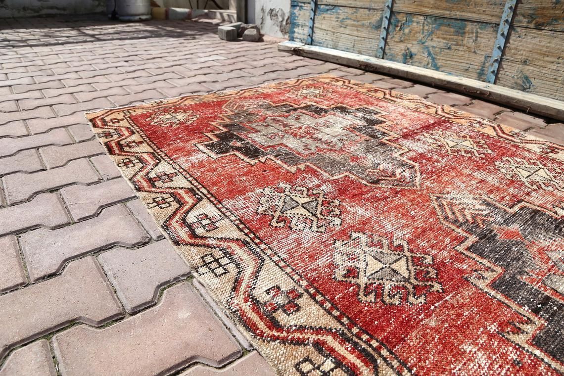 114x389 Cm Turkish Runner Rug, Rugs Runner, Vintage Runner, Runner Rug Red, Turkish Runner Rug, Oushak Runner, Hallway Faded Red Diamond photo for sale