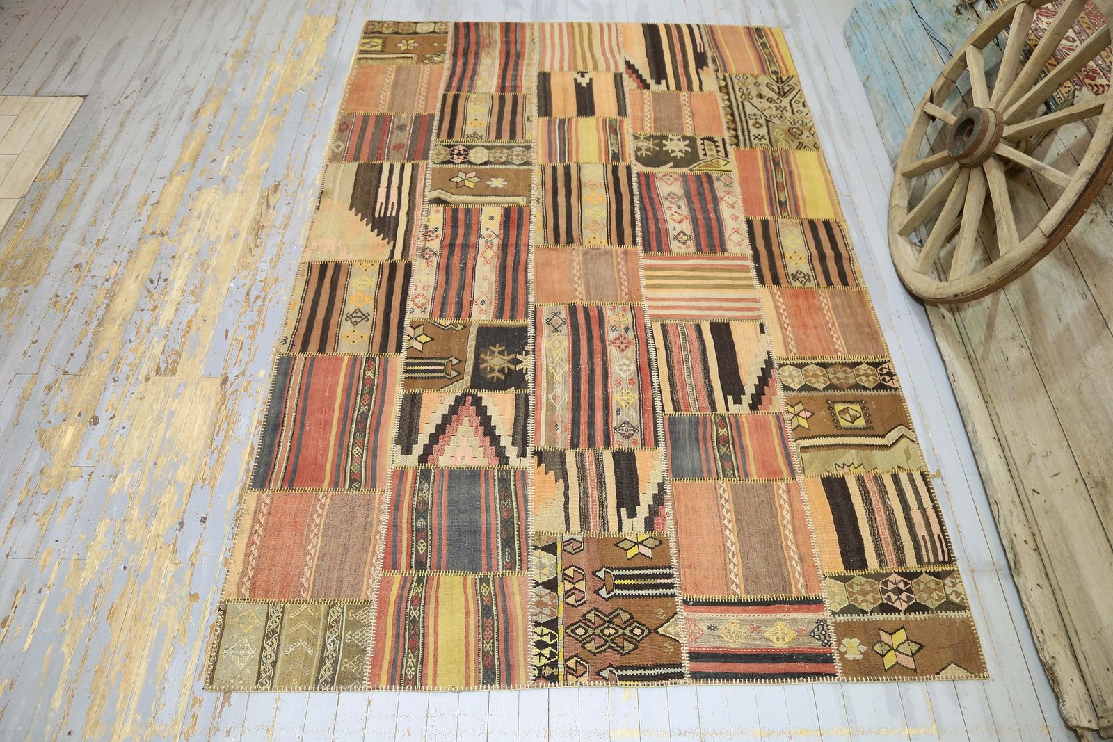 226x369 Cm Traditional Patchwork Kilim Rug, Beige Brown Colors, Natural Turkish Area Rug, Large Mid Century Modern Kilim Patchwork Rug