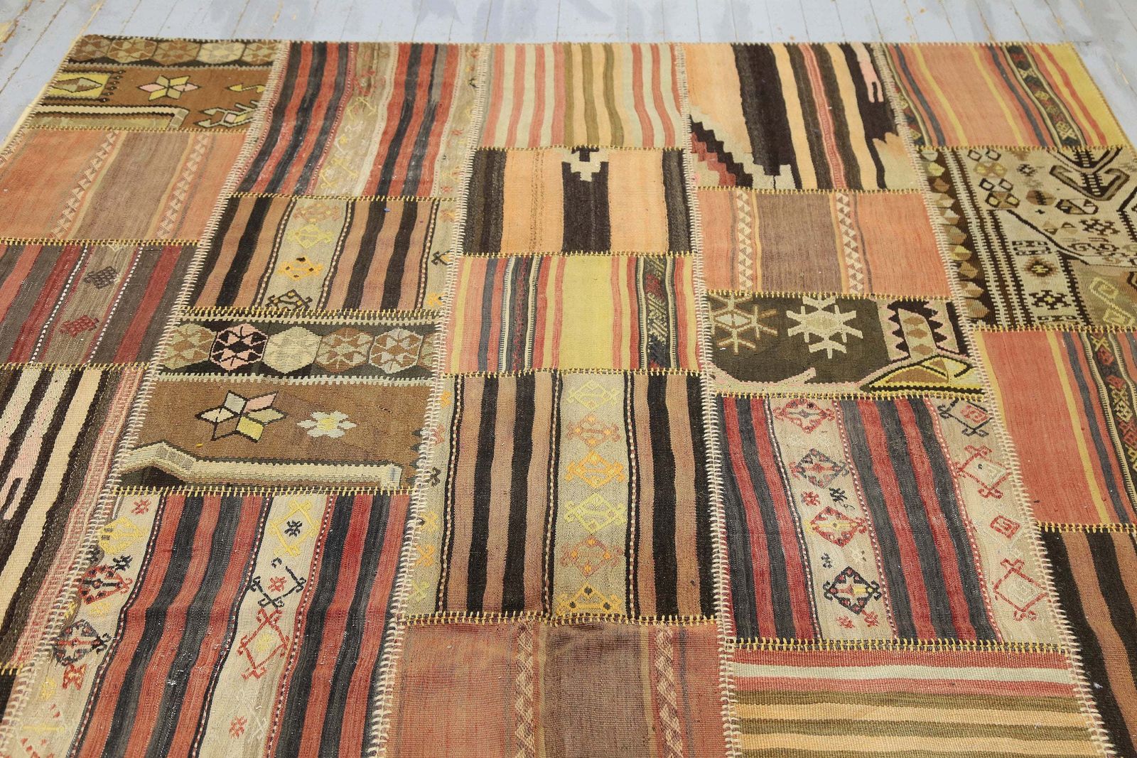 226x369 Cm Traditional Patchwork Kilim Rug, Beige Brown Colors, Natural Turkish Area Rug, Large Mid Century Modern Kilim Patchwork Rug photo Textiles