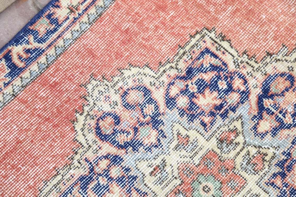 86x369 Cm Turkish Runner Rug, Vintage Oushak Runner Rug, Bohemian Rug, Wool Rug, Home Decor, Boho Rug, Carpet Orange Faded Navy Blue photo for sale