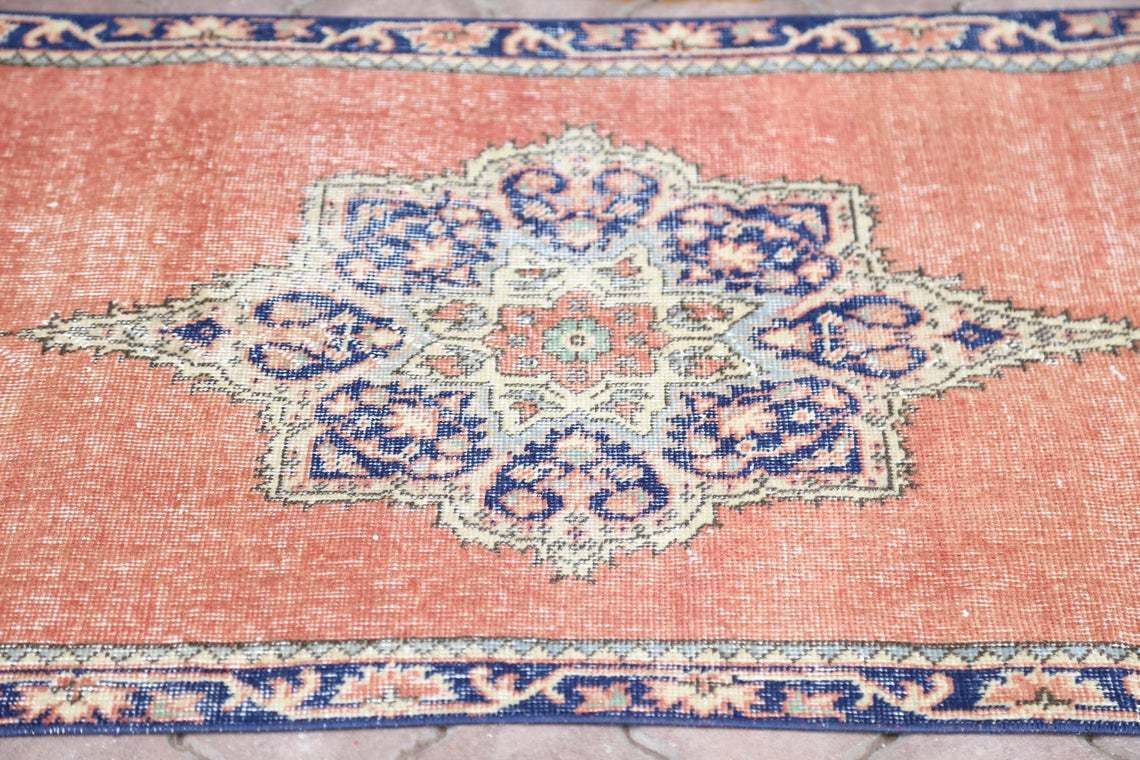 86x369 Cm Turkish Runner Rug, Vintage Oushak Runner Rug, Bohemian Rug, Wool Rug, Home Decor, Boho Rug, Carpet Orange Faded Navy Blue photo Textiles