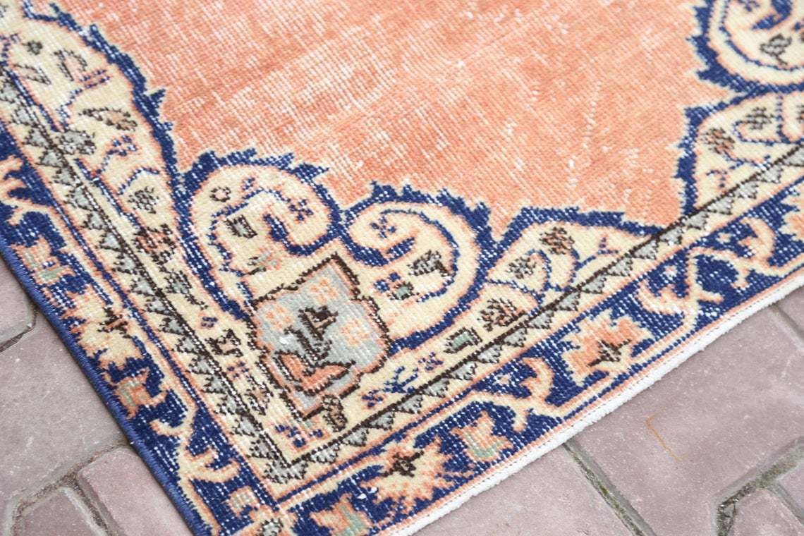 86x369 Cm Turkish Runner Rug, Vintage Oushak Runner Rug, Bohemian Rug, Wool Rug, Home Decor, Boho Rug, Carpet Orange Faded Navy Blue photo vintage