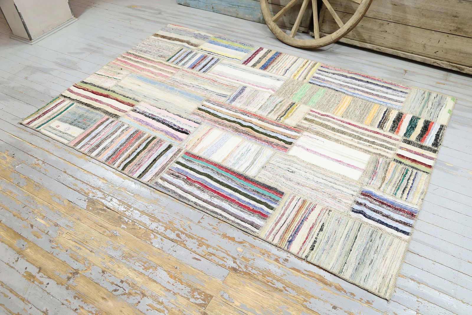 199x299 Cm Flatweave Beige White Turkish Rug, Vintage Striped Kilim, Home Decor, Patch Area Rug, Ivory Gray Kelim Carpet photo furniture