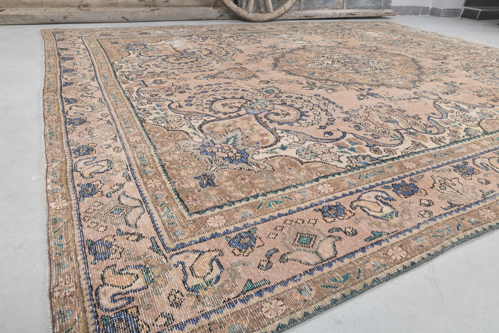 288x378 Cm Faded Beige Brown Turkish Rug, Vintage Rug, Wool Handmade Rug, Oriental Rug, Home Decor Living Room Rug Extra Large Navy Blue Motif photo Textiles