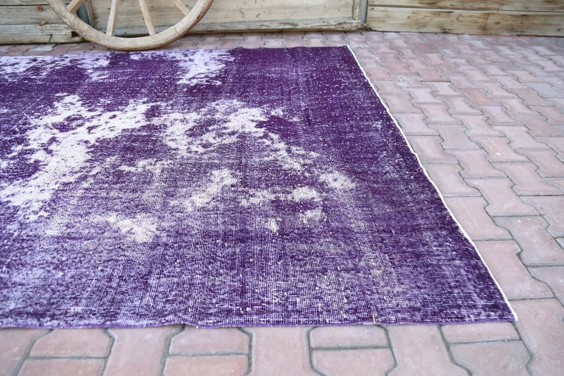 7.1x10.6, Faded Purple White Turkish Rug, Distressed Area Oushak Rug, Wool Rug, Room Decor, Modern Rug, Living Room Rug, Turkey Rug photo for sale