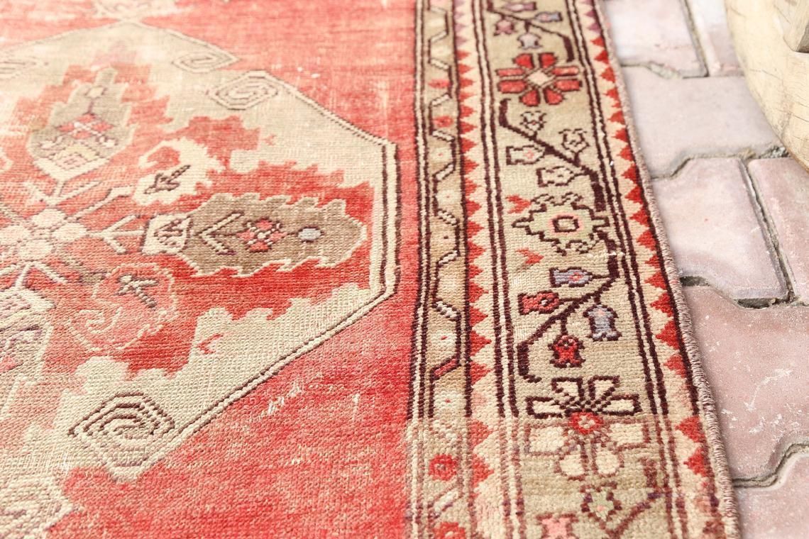 99x327 Cm Stark, Turkish Vintage Runner, Oushak Bohemian Wool Rug, Home Carpet, Faded Red Distressed Beige Rug, Kilim Motifs Antique Design photo vinterior