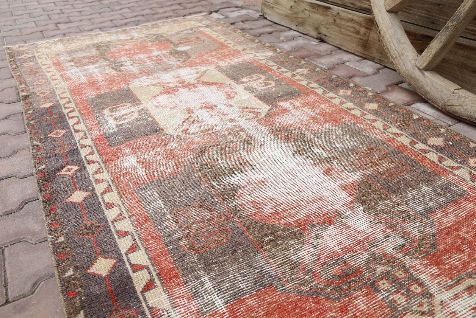 109x370 Cm Turkish Runner, Faded Red, Brown, Turkish Rug Runner, Runner Rug Red, Oushak Rug,Distressed Rug, Runner, Red photo for sale