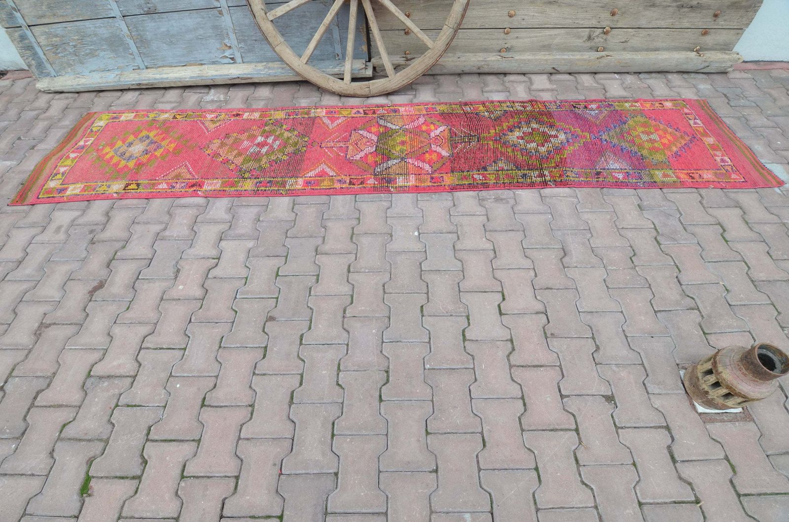 79x371 Cm Geometric Turkish Runner, Vintage Runner, Herki Runner, Oushak Runner, Handmade, Wool Runner, Bohemian Runner, Vibrant Shabby Chic photo for sale