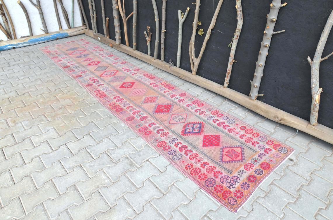 2'8x12'7 Ft, Vintage Runner, Herki, Turkish Runner, Nomadic, Hallway Runner, Handmade, Wool, Oushak Runner, Home Decor, Runner Rug, Pink Rug photo furniture