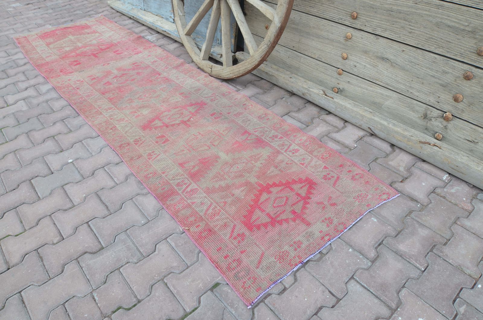 88x336 Cm Turkish Runner, Herki Runner, Vintage Runner, Oushak Runner, Handmade, Wool Runner, Bohemian Runner, Muted Faded Pink Shabby Chic photo for sale