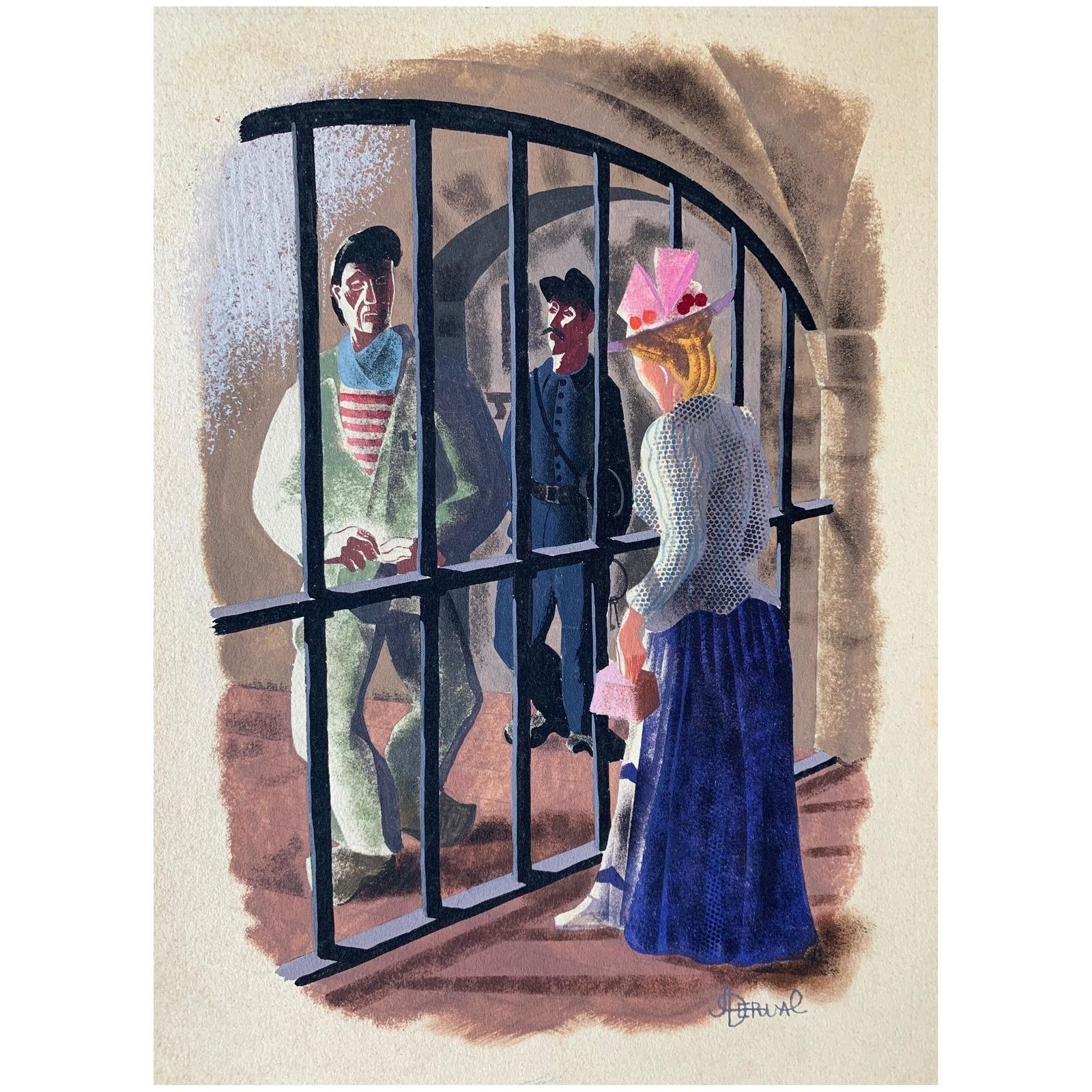 Jean Derval (1925 – 2010): The Prison Visit – Original Vintage Illustration, Possibly For A Book, C.1940s