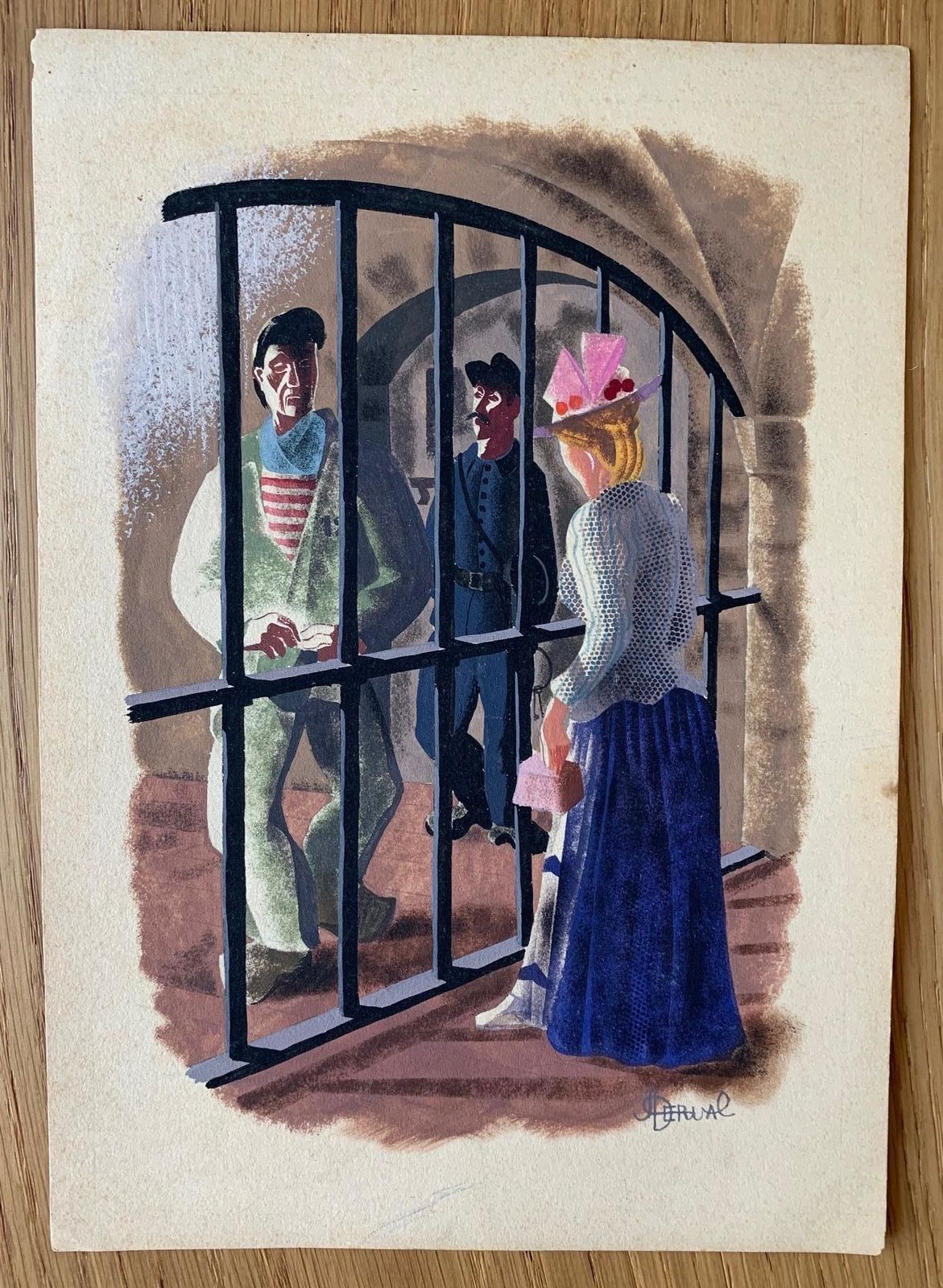 Jean Derval (1925 – 2010): The Prison Visit – Original Vintage Illustration, Possibly For A Book, C.1940s photo furniture
