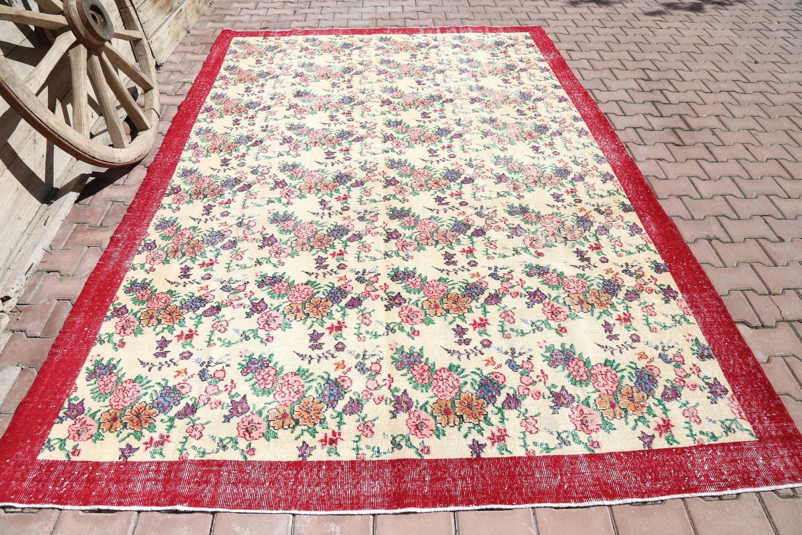 Turkish Vintage Rug, Floral, Area Oushak Bohemian Rug, Hand Knotted, Wool, Living Room Rug, Beige Neutral Red, Natural Boho Chic
