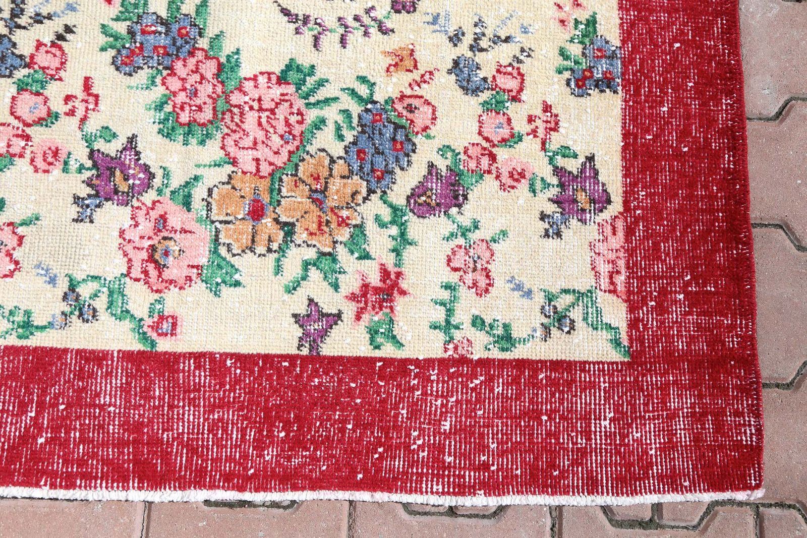 Turkish Vintage Rug, Floral, Area Oushak Bohemian Rug, Hand Knotted, Wool, Living Room Rug, Beige Neutral Red, Natural Boho Chic photo vinterior
