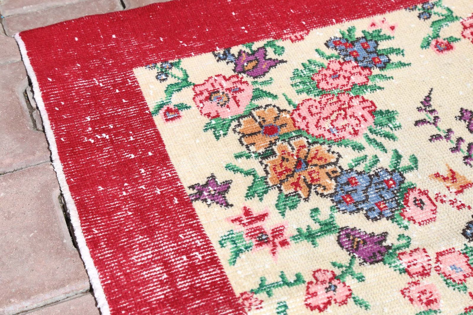 Turkish Vintage Rug, Floral, Area Oushak Bohemian Rug, Hand Knotted, Wool, Living Room Rug, Beige Neutral Red, Natural Boho Chic photo buy
