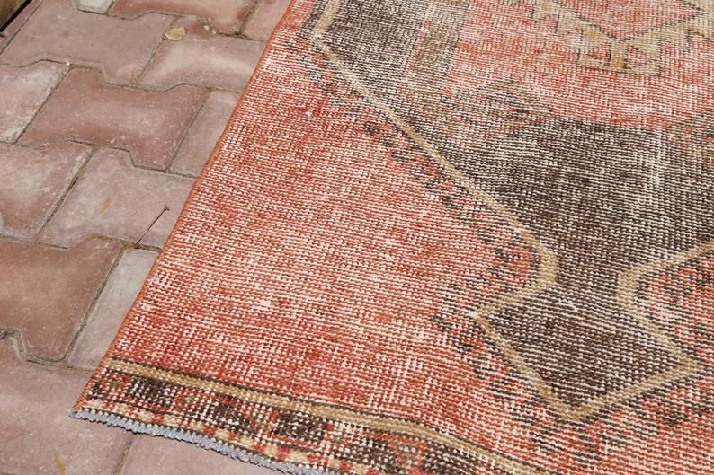 Hallway Runner, Turkish Runner, Geometric, Vintage Runner, Wool, Handmade, Oushak Runner, Bohemian Runner, Long Runner, Faded Red photo for sale