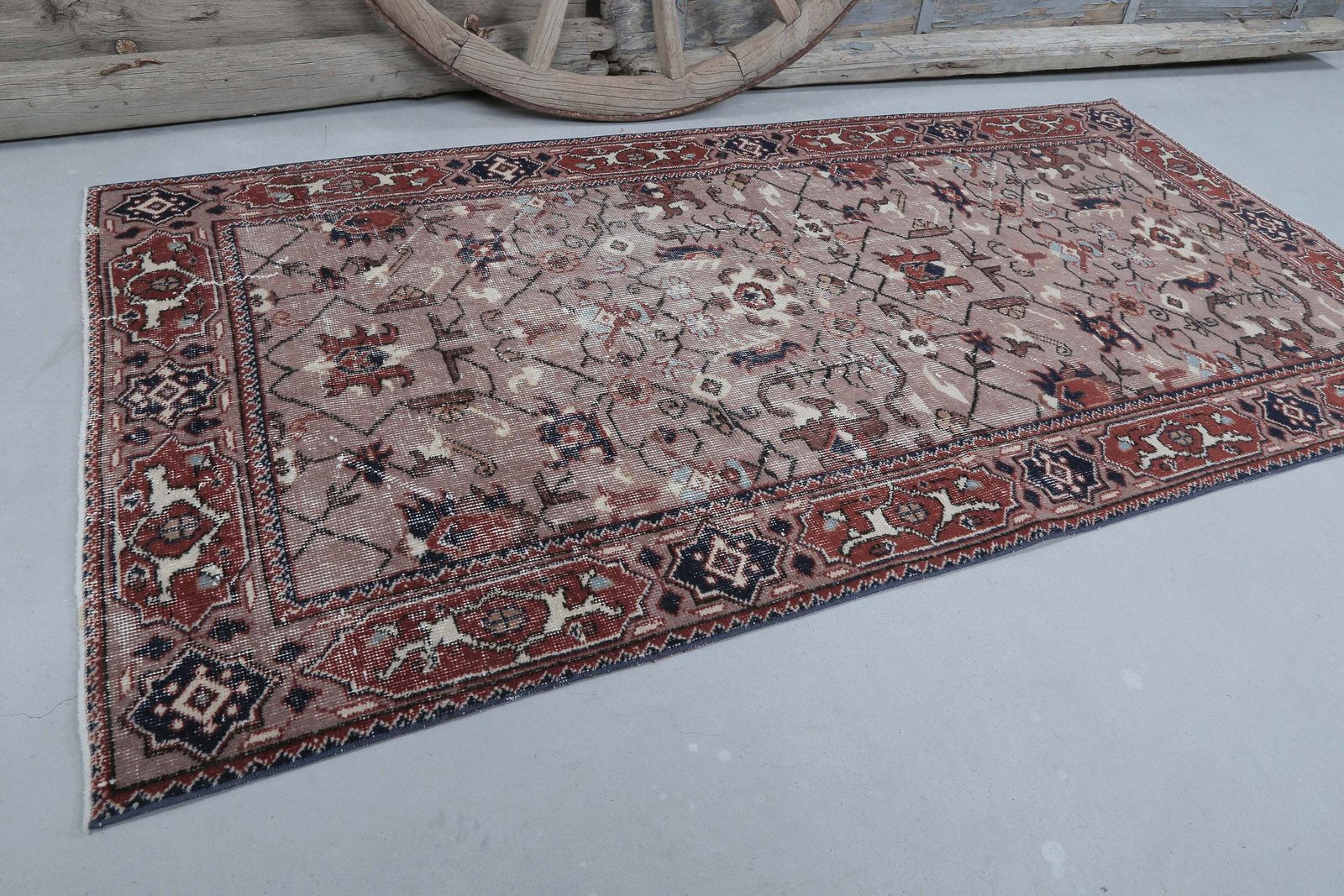 Turkish Flat Weave Aztec Oushak Rug, Turkish Rug, Tapis Vintage Teppich Rugs, Red Pink, Wool, Handwoven photo for sale