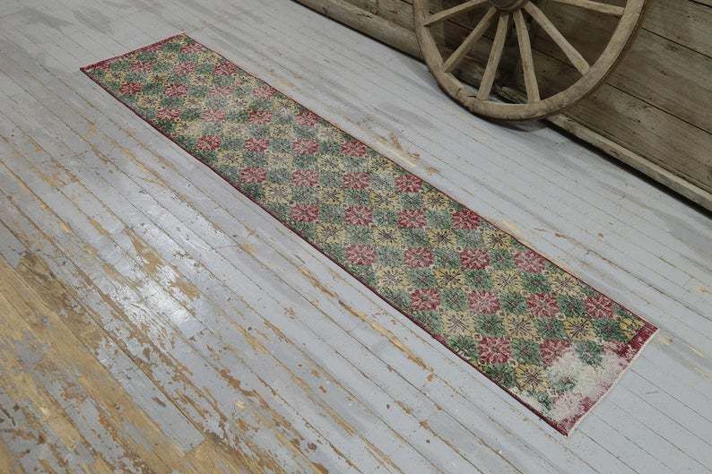 Hallway Runner, Turkish Vintage Runner, Wool, Handmade, Oushak Runner, Bohemian, Long Runner, Floral, Green, Red, Yellow, Modern
