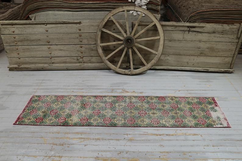 Hallway Runner, Turkish Vintage Runner, Wool, Handmade, Oushak Runner, Bohemian, Long Runner, Floral, Green, Red, Yellow, Modern photo for sale