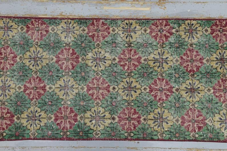 Hallway Runner, Turkish Vintage Runner, Wool, Handmade, Oushak Runner, Bohemian, Long Runner, Floral, Green, Red, Yellow, Modern photo 190.0