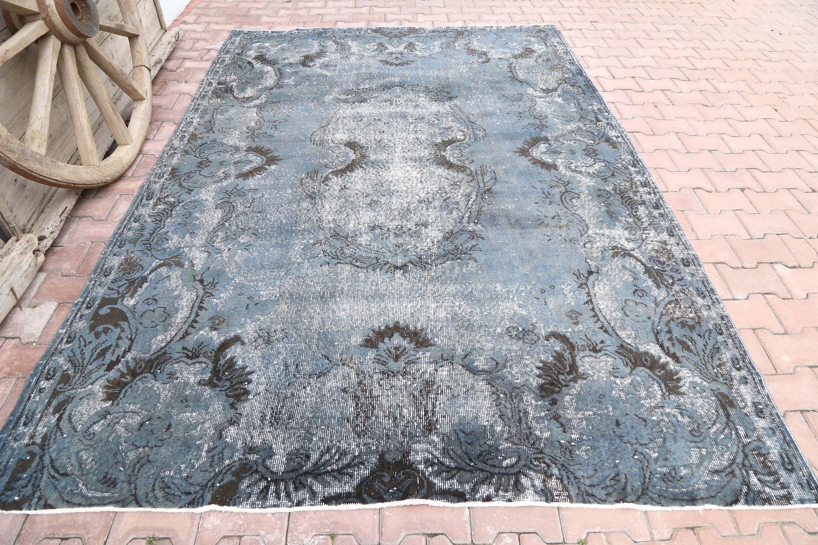 Turkish Oushak Area Rug, Blue, Anatolian Vintage Rug, Hand Knotted Rug, Traditional Turkish, Distressed Luxury Carved Blue Teal Rug