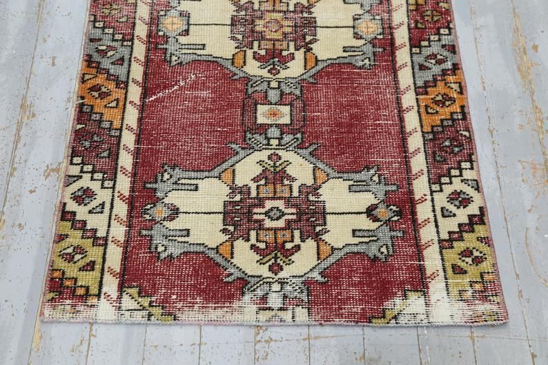 Vintage Oushak Turkish Runner Rug, Hallway Runner, Oriental, Wool Runner, Handmade, Geometric, Vibrant Faded Red, Beige photo vinterior