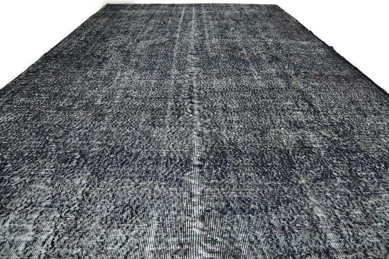 Handmade Vintage Rug, Over Sized Black Navy Blue Oushak Area Turkish Rug, 6.8x10.6, Vintage Bohemian Rug, Wool Rug, Carpet Distressed Modern photo for sale