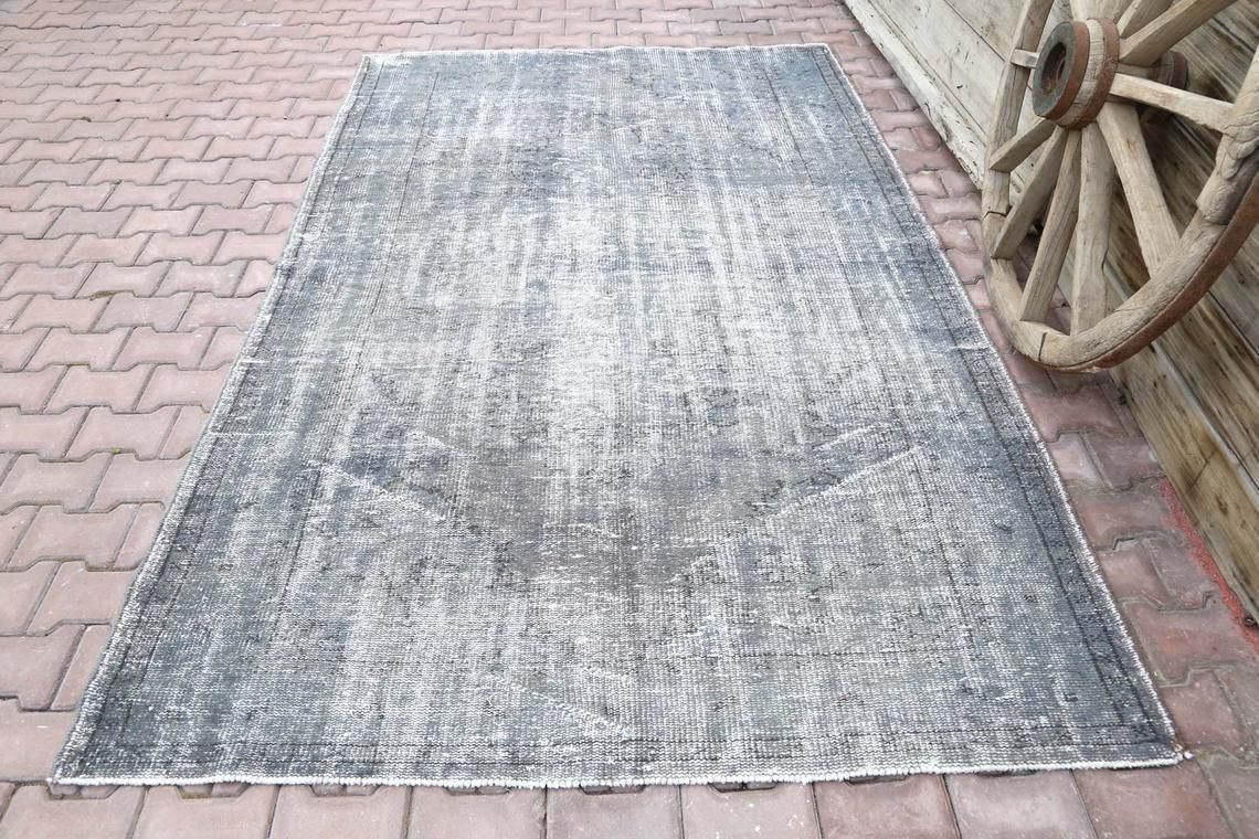 5.7x9.2, Distressed Turkish Faded Vintage Rug, Alfombra, Oushak Home Decor, Grey Traditional Area Wool Rug, Turkey, Tealish Gray Boho Chic