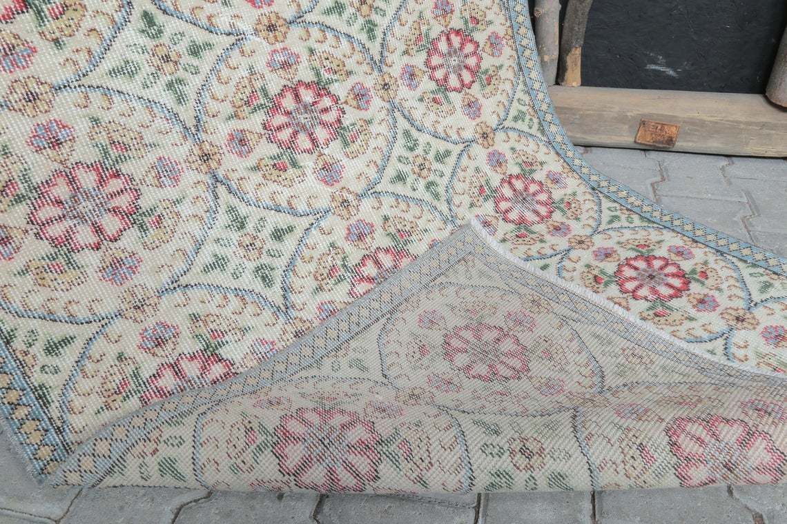 photo for sale 3.4x6.3 Ft, Turkish Oushak Vintage Rug, Wool Rug, Handmade, Turkey Rug, Boho Decor Rug, Nursery Rug, Flowers, All Over Floral, Authentic Rug