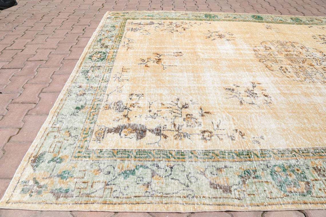 7.4x10.6, Vintage Turkish Rug, Aegean, Distressed, Area Rug, Home Decor, Living Room Rug, Floral Neutral, Oushak Wool, Beige, Green, Rugs photo furniture