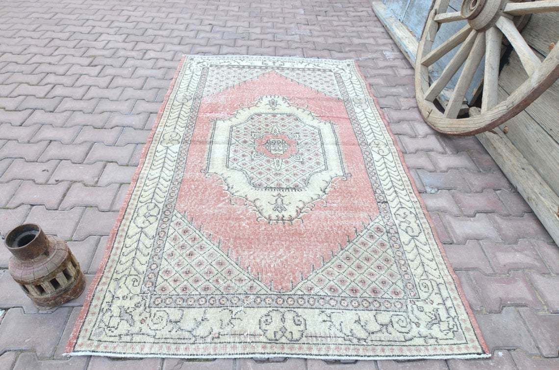 4x7 Turkish Area Rug, Vintage Oushak Wool Rug, Home Decor, Handmade Bohemian Rug, Eclectic Unique Rug, Wool Rug, Kitchen Faded Red 4x6.9