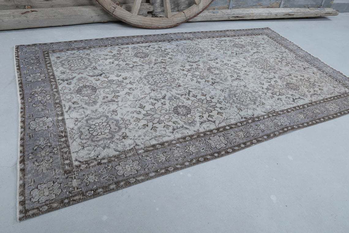 3.7x6.6, Turkish Vintage Neutral Gray Beige Rug, Oushak Rug, Wool Room Decor, Floral, Living Room Rug, Natural Faded Pastel Purple, Grey Rug photo for sale