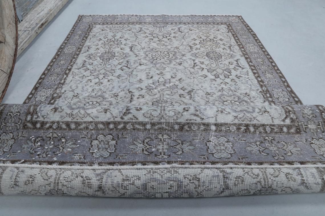 photo furniture 3.7x6.6, Turkish Vintage Neutral Gray Beige Rug, Oushak Rug, Wool Room Decor, Floral, Living Room Rug, Natural Faded Pastel Purple, Grey Rug